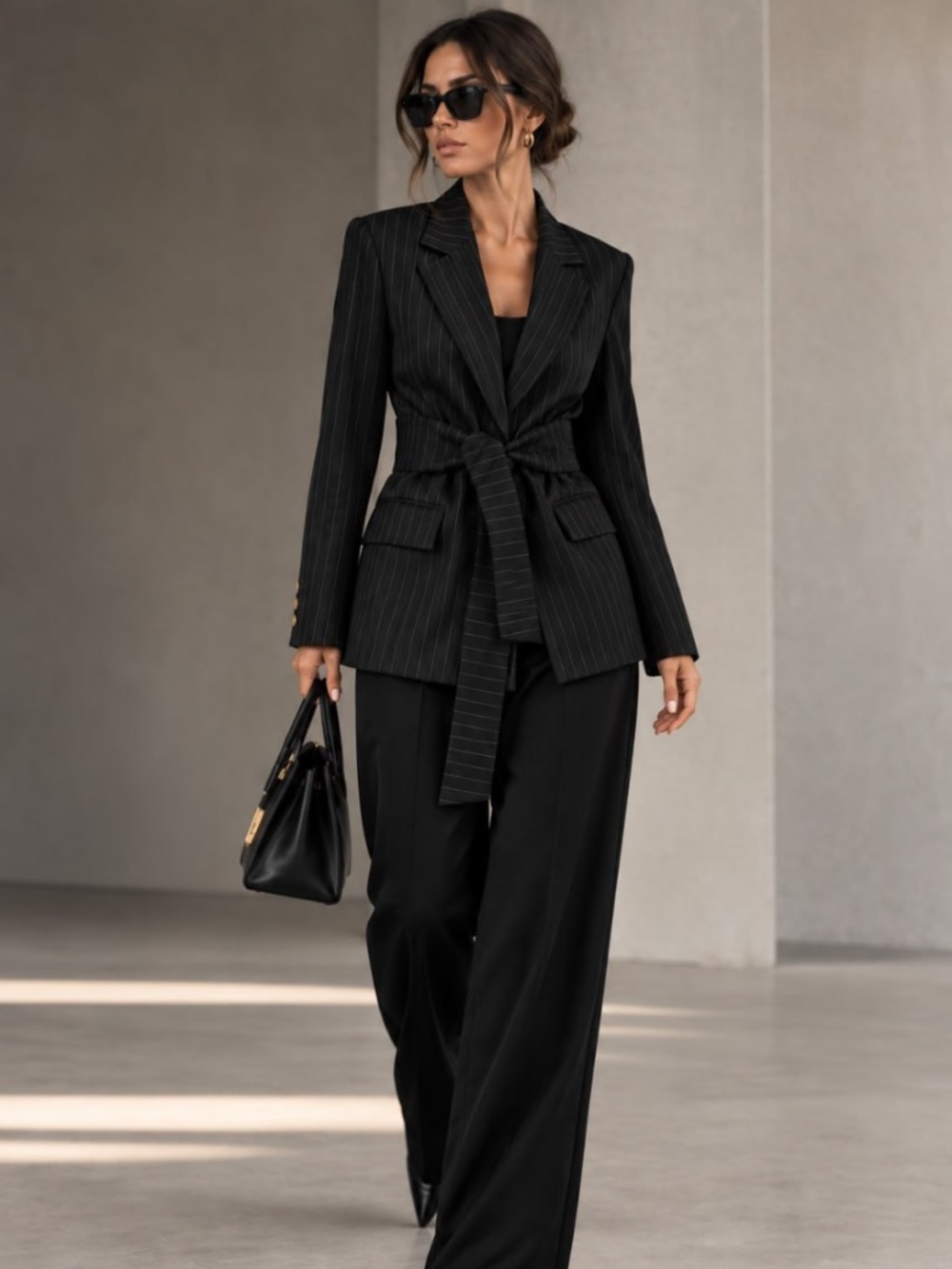 Donna Karan New York Black Pinstripe Belted Blazer Jacket Women’s Size 10 New